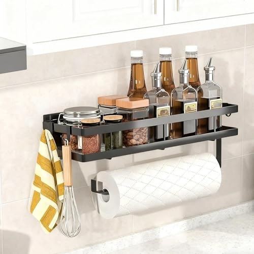 LWLWA Gewürzständer, Multifunktionale Hängeregal Küche, 35 cm | Küchenorganizer Regal mit Haken und Papierrollenhalter, Dunkelgraue Wandregal Küche, für Küche, Bad und Wohnzimmer