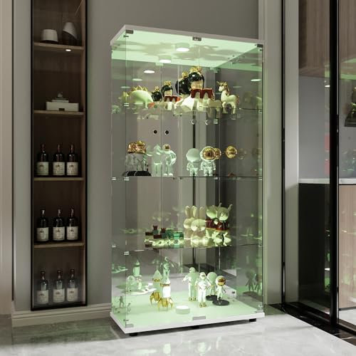 CXHLXYR Vitrine aus Glas mit LED, Glasvitrine mit zwei Türen, 4 Ablagen aus Glas, Sammlervitrinen für die Bar, Wohnzimmer, 164 x 81 x 37 cm (2 Türen, 4 Spiegelschichten mit LED, weiß)
