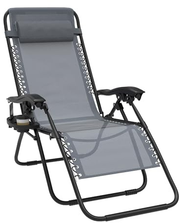 AufuN Klappbarer Liegestuhl, Sonnenliege Gartenliege Gartenstuhl Grau | 1 Stück Relaxliege Verstellbar Rückenlehne mit Getränkehalter & Kissen, Verstellbarer Rückenlehne, für Outdoor Terrasse