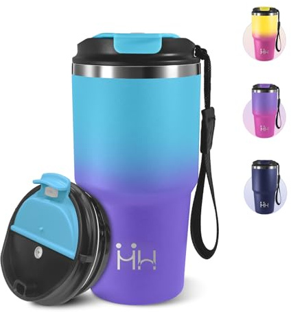 Thermobecher, 600 ml, thermobecher to Go Mug, 304 Edelstahl, Kaffeebecher mit Auslaufsicherem Deckel, Wiederverwendbar Kaffee Isolierbecher, Ideal für Camping, Autofahren - Himmelblau&Lila