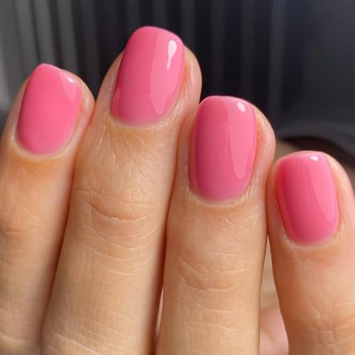 Viugex 24Pcs Press on Nails Courts Carrés, Soft Gel Rose Sakura Brillant Ongles à Presser, Français Ongles a Coller Couleur Unie, Naturel Reutilisable Faux Ongles French Manucure pour Femmes et Filles
