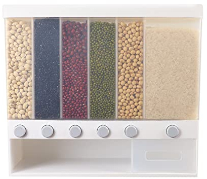 Dispensador de arroz, capacidad de 10 kg, dispensador de cereales transparente de gran volumen con 6 compartimentos separados, tapa extraíble, montaje en pared, 36,6 x 12,6 x 32,4 cm, práctico