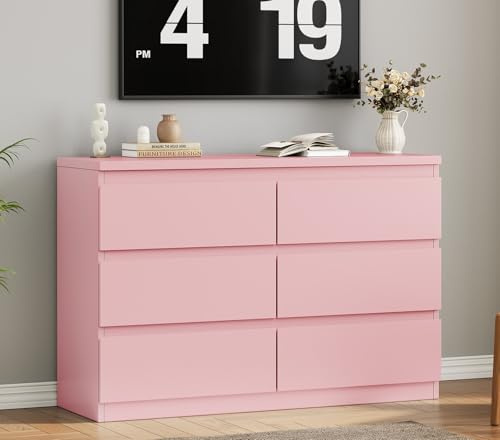 Jocoevol Modern Pink 6 Drawer Dresser - Simply Chest of Drawers for Bedroom, Closet, Living Room, Hallway, Entryway, Wood Storage Double Dresser with Smooth Metal Rails - Pink
