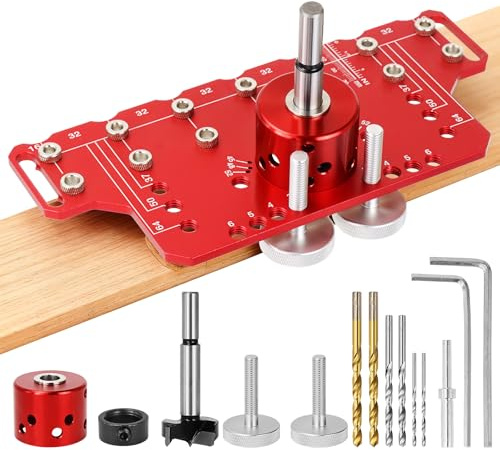 Shelf Pin Jig and Cabinet Hinge Jig 2 in 1, Shelf Pin Drilling Jig with 35mm 5mm 1/4 Hole Drill Bits Shelf Hole Jig with Self-contained Clamping Shelf Cabinet Hardware Jig Tool Drill Guide