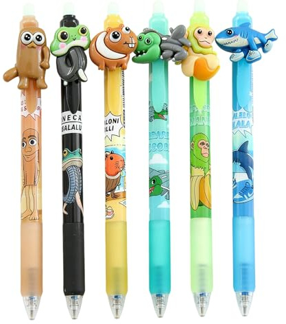 Qubitly Italian Brainrot Erasable Pens, 6 Pcs 0.5 mm Blue Gel Pens for Writing Drawing Kids Adults Office School Supplies, Rollerball Retractable Rub Out Pen with Eraser