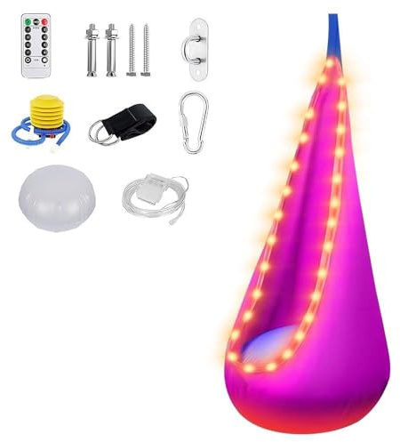 ADDLIVE hängstol med LED och uppblåsbar kudde, 70 x 150 cm hängande väska, 16 färgskiftningar, hängande gunga, max 80 kg, för inomhus- och utomhusbruk, rosa