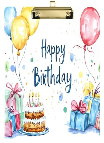 YETTASBIN Happy Birthday Balloons Clipboard, A4 Letter Size Acrylic Clipboards with Hanging Hole & Metal Clip for Nurse Office Worker Student, 12.5 x 9 Inch(Gold)