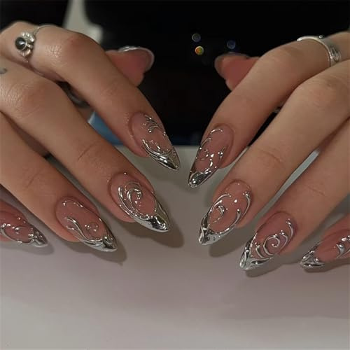 24Pcs Press On Nails, Handmade Press-On Tips, Stick On Nail, Glue On Nail, Short False Tips With Glue - Irregular Silver 3D Sweet Cool Removable Set for Women, Parties & Daily Wear