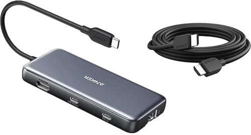 Anker USB C Hub with Ethernet, 8-in-1 Multiport Ethernet Adapter with 4K 60Hz HDMI Port &8K@60Hz HDMI Cable, 10 ft/3m Ultra HD 4K@120Hz HDMI to HDMI Cord