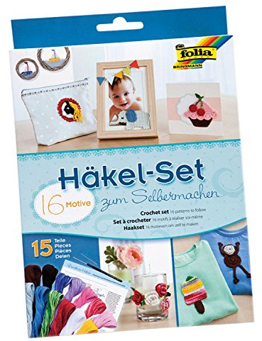 folia 23919 - Häkelset zum Selbermachen, 15 teilig, mit 16 Motiven, Häkelnadel, Sticknadel und Baumwollgarn