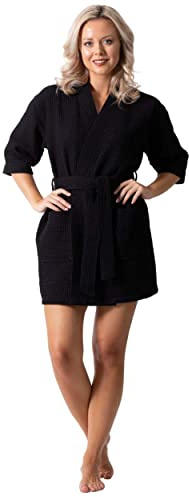 Women's Knee Length Waffle Weave Kimono Bathrobe Black OS