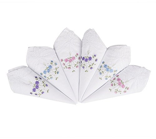 LULUSILK 6 Stücke Damen Stoff Taschentücher 100% Baumwolle mit Blumen Stickereien und Spitze Schmetterling Kante