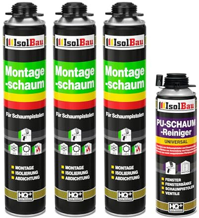 Isolbau Bauschaum-Set - Inkl. 3 x 1K Montageschaum B2 Pistolenschaum mit hervorragender Schall und Wärmedämmung (je 750 ml) & 1 x PU-Schaum-Reiniger (500 ml), Dämmen