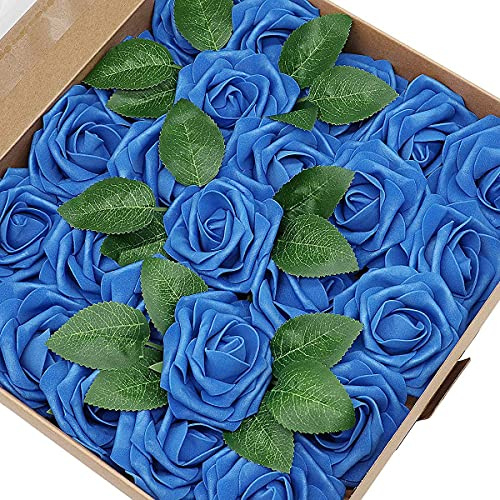 CattleyaHQ 25 Stück künstliche Rosen Blumen, Schaum Rosen mit Box, Simulation Blossom Pretty Rose für Hochzeitssträuße Bridal Party Home Decor (Blau)