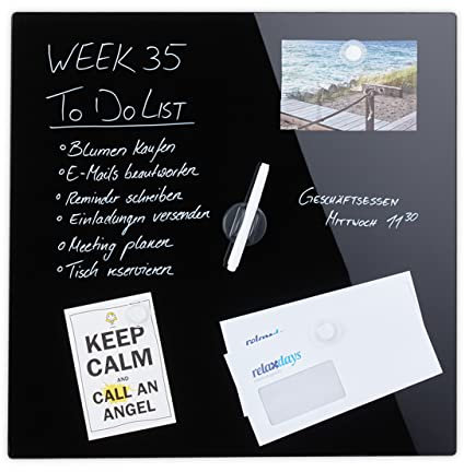 Relaxdays Tableau magnétique, panneau d’affichage, pense-bête, 3 aimants, verre, 50x50 cm, noir