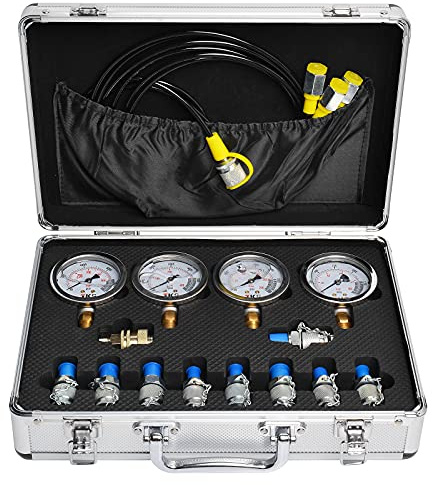 YFIXTOOL Hydraulikdruck-Testkit für Bagger, enthält 10x Kupplungen, 3x Testschläuche, 4x Manometer (1500PSI, 3500PSI, 6000PSI, 9000PSI)
