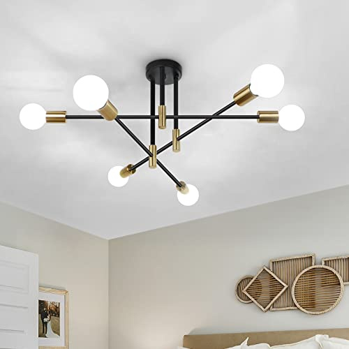 KMaiPem Schwarz Gold Deckenlampe Wohnzimmer, Verstellbarer Drehbarer Sputnik Modern Kronleuchter, 6 Flammig Industrielle Metall Landhaus Vintage Deckenleuchte Schlafzimmer, Küche