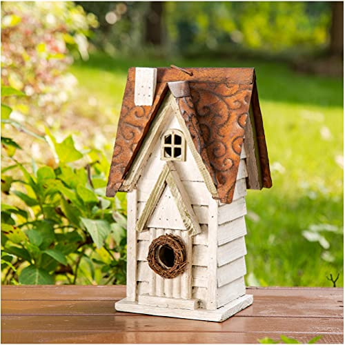 Glitzhome Bird Houses for Outside, 12 H Washed White Distressed Solid Wood Cottage Bird Nesting Box Hanging Bird House for Outdoors, Decorative Birdhouse for Bluebird Wren Sparrow Finch Cardinal