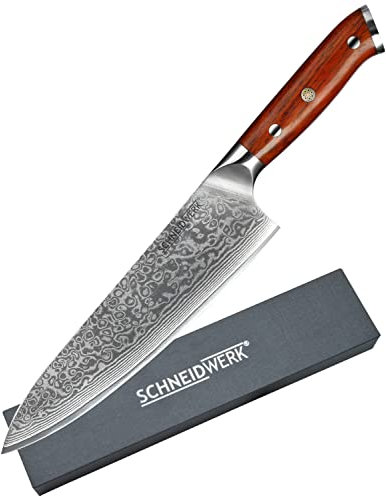 SCHNEIDWERK Profi Chef-Messer - elegantes Damastmesser - Küchenmesser mit 21 cm Klinge & 67 Lagen Edelstahl-Damast - scharfes Kochmesser aus Damast-Stahl - DI-Serie
