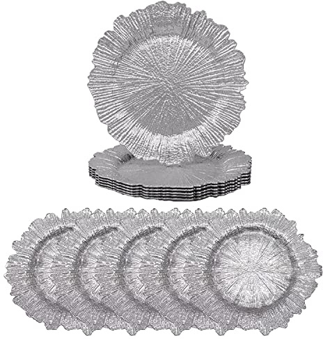 Trimming Shop Vintage Design Silver Charger Plates, 6pcs | 33cm (13 Inch) Decorative Dinner Chargers for Table Setting, Wedding, Party, Home & Event Décor, Dinner Table Decoration