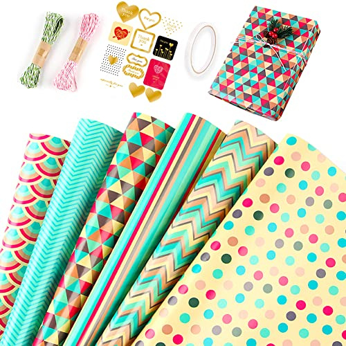 Birthday Wrapping Paper Roll, Happy Gift Wrap for Boys Girls Men Women Kids, 6 Sheets Recyclable Premium Classic Kraft Wrapping Paper for Birthday Party Wedding Christmas Baby Shower,70x50cm