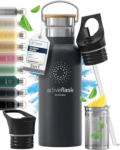 Botella de Agua Térmica ACTIVE FLASK + Pajita (3 Tapones) sin BPA - 1l & 500ml | Frasco Termo de Acero Inoxidable + Aislamiento Vacío | Cantimplora Aislada Bicicleta Deporte Caliente Fría Café Té