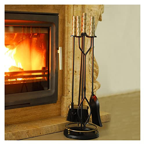 DELURA Compagnon de cheminée en Fer forgé 5 pièces - Balai/tisonnier/Pelle à Cendres/Pinces, décor de Foyer de Salon autoportant, avec poignées Anti-brûlures