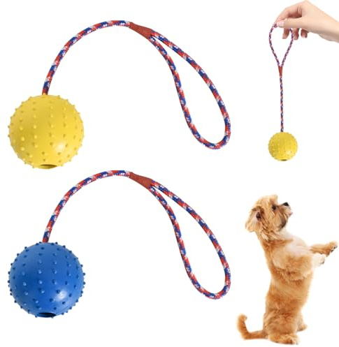 Naturgummiball Mit Seil Hundespielzeug - Gelb & Blau, Empfindliche Farben Für Hunde, Welpenspielzeug, Wurfball Mit Schnur, Haustier Ball (ø 6 X 30)