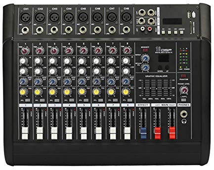 Mezcladores en vivo, mesas de mezclas de estudio Mezclador de audio digital Bluetooth de 8 canales con efecto amplificador de potencia Viene con conversión de voltaje de 110 V-220 V para mezclador m