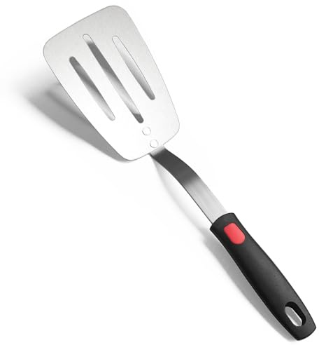 Stainless Steel Spatula, Flexible Metal Slotted Turner for Cast Iron Skillet, Thin Blade and Heat Resistant Silicone Handle, Great for Egg, Cookie, Meat, Crep, Large