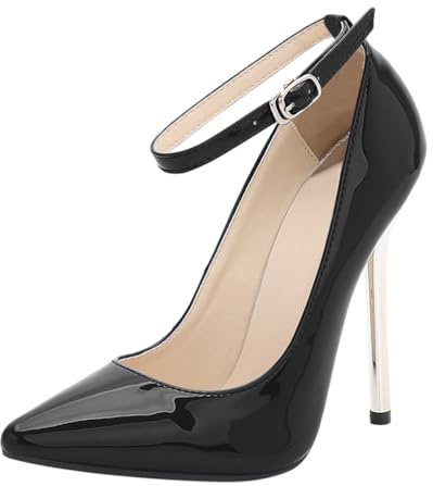 Minetom Femme Élégant Escarpins Similicuir Bout Pointu Pumps Chaussures à Bride Cheville Talon Aiguille Haute Chaussure de Soirée Mariage Bureau A Noir 42 EU