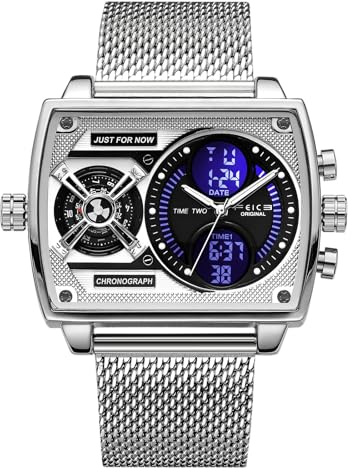 FEICE Reloj Cuadrado Multifuncional para Hombre Esfera Grande Analógico Digital de Cuarzo Acero Inoxidable 47 mm FK814 Plateado