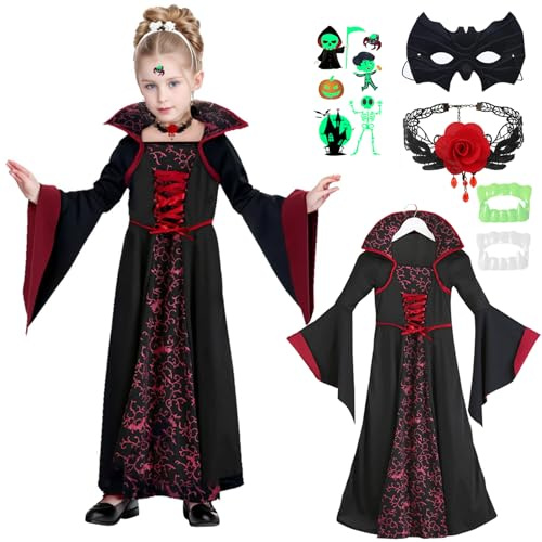 YADODO Vampir Kostüm Mädchen 116 122 Halloween Kostüm Kinder Vampir Kleid mit Vampirgebiss Mask Halskette Vampirkostüm Kind Mädchen Kapuzen Gothic Vampirin Kleid Lang für Halloween