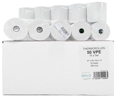 Thermorollen 57 mm X 50 m lang, Ø 59 mm 48 g BPA freies Thermopapier mit Endmarkierung, z. B. für Quorion QTouch 8, Olympia CM 911 / CM 912, Olympia CM 941, Star TSP-212-24 / TSP-242-24 u. v. a.