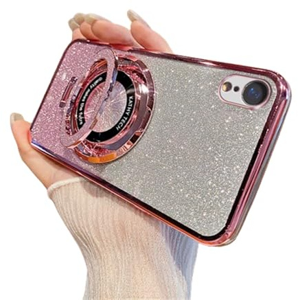 SIYOPINPFY Case for iPhone XR Case Glitter Sparkly Deluxe Plating Silicon TPU Soft Cover Lens Protector ∣Wireless Charging Compatible∣ Magnetic Ring Stand Holder Case for iPhone XR, Shiny Rose Gold