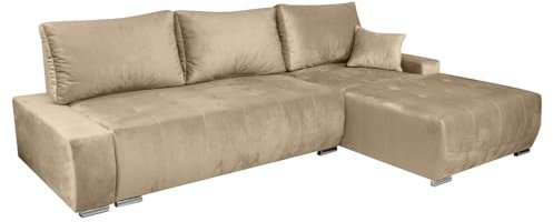 Ares Meble Rechts Ecksofa mit Schlaffunktion GARIX - Modernes L-Sofa 3 sitzer - Wohnzimmer Sofa - Kleine Sofa mit Bettkasten - Solider Rahmen - Samt - Beige