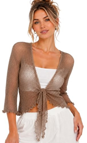 janisramone® Women s Shrugs, Double Fine Knit 3/4 Sleeve Tie Front Top, Bolero Cardigans for Women, Stretchy Cropped Cardigan, Lightweight Summer Shrug, Ladies Evening Tops