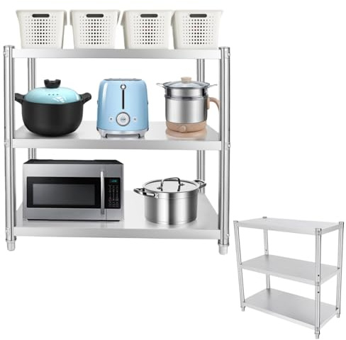 HuKaiL 80x40x80cm 3-Böden Edelstahl Regal, 201 Edelstahl Küchenregal Mikrowellenhalter Schwerlastregal mit 30kg Tragfähigkeit Jede Etage, Standregal für Vorratsräumen, Gastronomien, Küchen