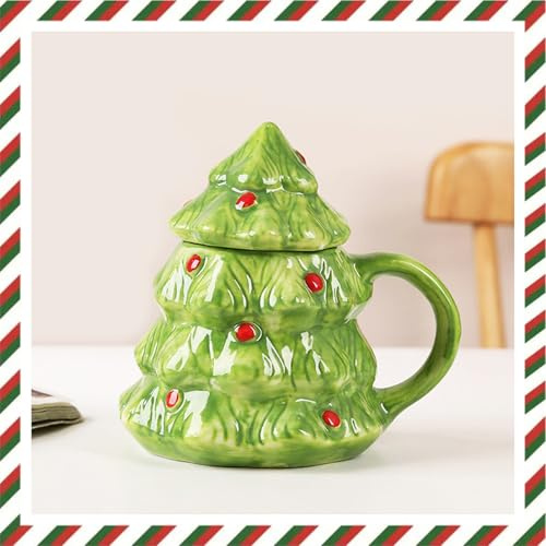 400ml Weihnachtstasse, 3D Christmas Mug Keramik, 1 Tasse, 1 Deckel (Weihnachtsbaum Hellgrün)