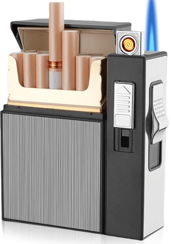 GAOUTO Elegante 2-in-1 Portacigarette Con Accendino: Scatola per Sigarette in Metallo, Ricaricabile USB e Resistente al Vento, per Campeggio all'Aperto (Nero)