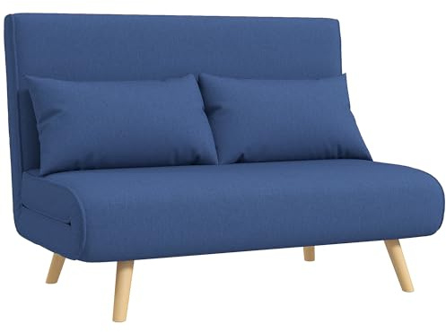 HOMCOM Sofá Cama de 2 Plazas Plegable 3 en 1, Sofá Cama, con Respaldo Ajustable 5 Posiciones, Tapizado en Lino, 2 Almohadas, para Dormitorio, Salón, Azul Oscuro