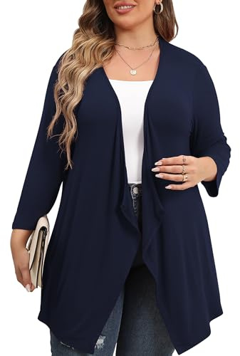 TIANZHU Cardigan da donna taglie forti con maniche a 3/4, drappeggiato, aperto sul davanti, leggero strato lounge XL-4XL, blu navy, 4XL