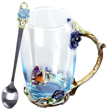 Sghtil Tasse à thé en verre - Jolie tasse à thé - Motif floral - Avec cuillère - Pour femme - Pour la fête des mères - Élégant ensemble de cuillères à thé pour grand-mère, mère, épouse, petite amie