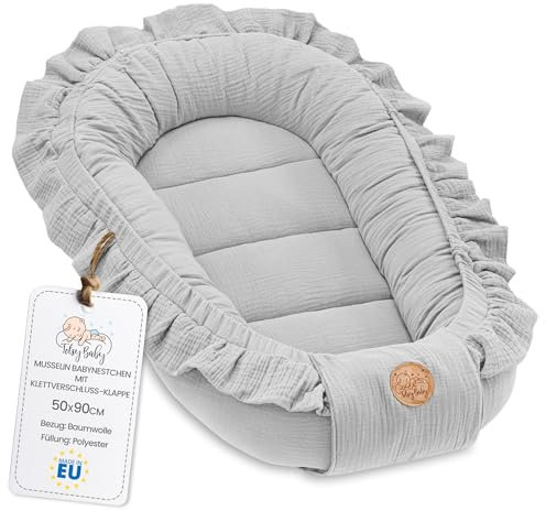 Musselin Babynest Nestchen Baby 90x50 cm - Babynestchen Neugeborene Nest für Kinder Bett und Babybett tragbar Kuschelnest Coccon für Jungen und Mädchen Baumwolle Grau