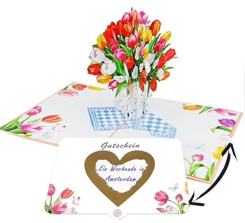 Favour Pop Up® - beim Öffnen der 3D Karte entfaltet sich ein Tulpenstrauß, perfekt ist die Überraschung beim Freirubbeln deiner Botschaft zum Muttertag unter dem goldenen Herz