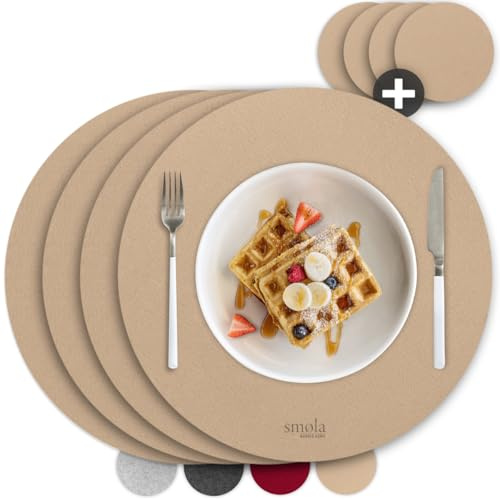 smøla 8-teiliges Premium Filz Tischset - Rund inkl. Untersetzer I Platzset Abwaschbar Beige I Platzset Abwischbar Platzdeckchen Set mit Filzuntersetzer für Teller Gläser I Tischdeko Frühling Sandbeige
