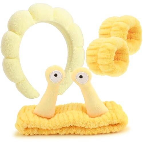 DRESHOW Fascia Termale per il Lavaggio del Viso Polsino di Lumaca Fascia per Capelli Fascia Elastica per il Trucco per la Testa Set di Cartoni Animati Spugna per la Cura Della Pelle per le Donna