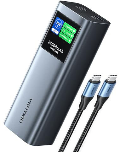 VENTION 27000 mAh 140W Power Bank Fast Charging 3-Port Laptop Portable Charger with Smart Digital Display, PD3.1, for Dell HP Laptops, Macbook Pro, iPhone 17 16 15 14, iPad Pro, Galaxy S24, Grey