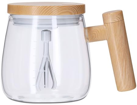 TIENDA EURASIA – Taza con Mezclador | Cristal Borosilicato y ABS Imitación de Madera | Transparente y Marrón | 9.7 Diámetro x 10.2 cm | Capacidad 400 ml | Incluye Tapa con Agitador Eléctrico