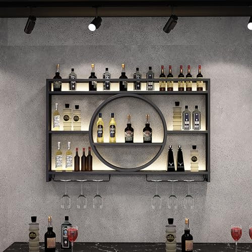 NGAMITSX Estante de vinoteca de Pared con estantes de Vidrio flotantes y Soporte de Hierro para exhibición. Organizador de Vino Colgante y Estante para licores para decoración de Bar y Comedor (Negro
